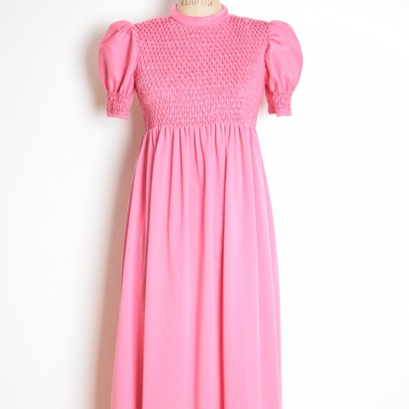 vintage 70s dress pink smocked puff sleeve babydoll kinderwhore lolita maxi S - Picture 2 of 6